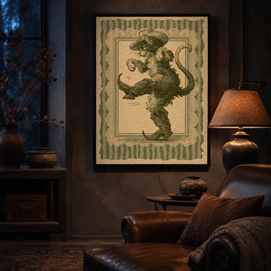 Western cowboy wall art print styled on a living room wall