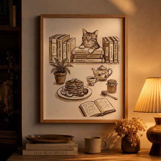 Cozy cat and books sepia reading nook wall art in a warm lamplit corner