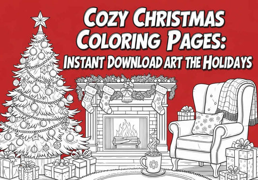Coloring page image of a fireplace area with a sofa and a warm decorated Christmas tree