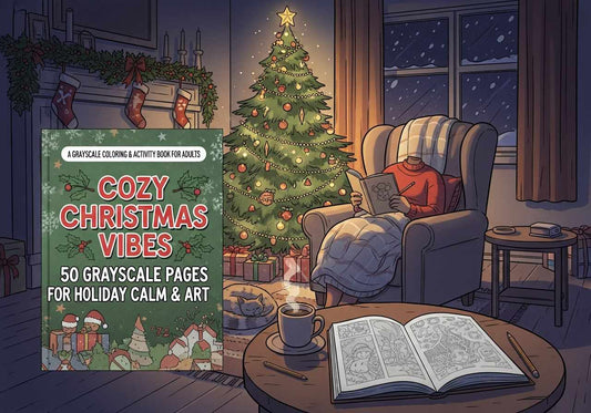 Cozy Christmas Vibes: 50 Grayscale Pages for Holiday Calm & Art