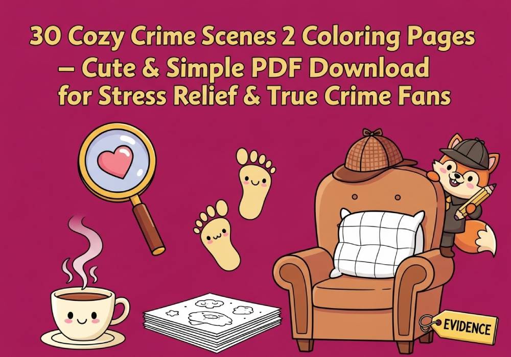 30 Cozy Crime Scenes 2 Coloring Pages – Cute & Simple PDF Download for Stress Relief & True Crime Fans