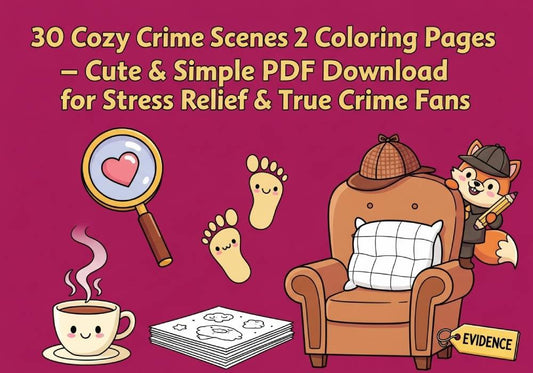 30 Cozy Crime Scenes 2 Coloring Pages – Cute & Simple PDF Download for Stress Relief & True Crime Fans