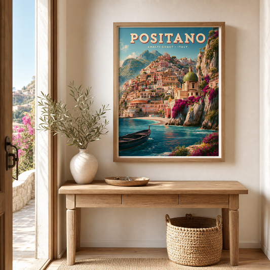 Framed Positano travel wall art above an entryway console