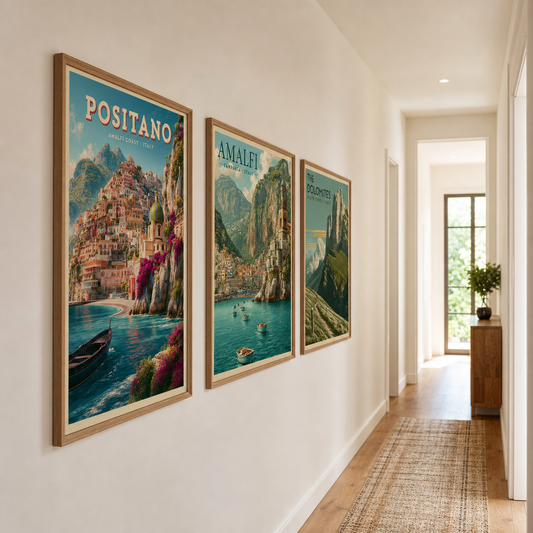 Three framed travel posters arranged along a narrow hallway