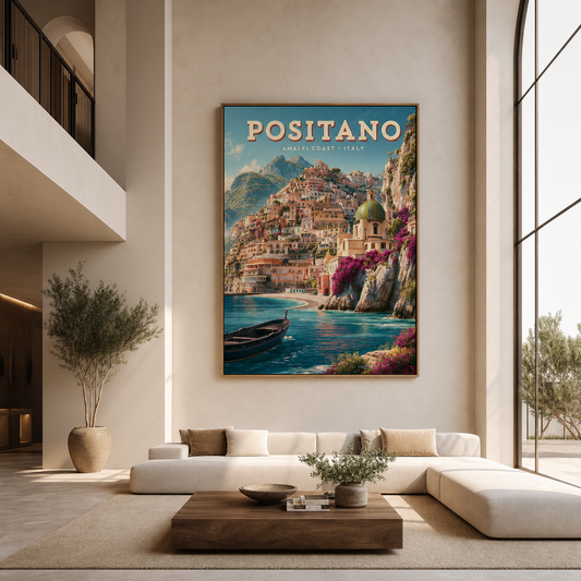 Oversized Positano wall art scaled for a double-height living room