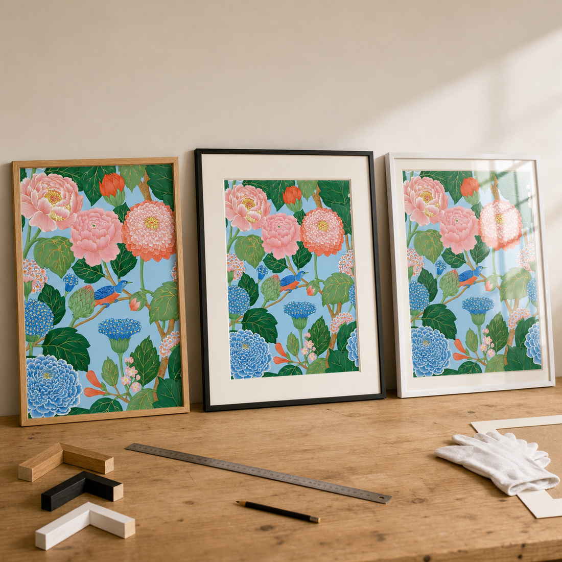 The same botanical poster shown in oak, matted black and white frames
