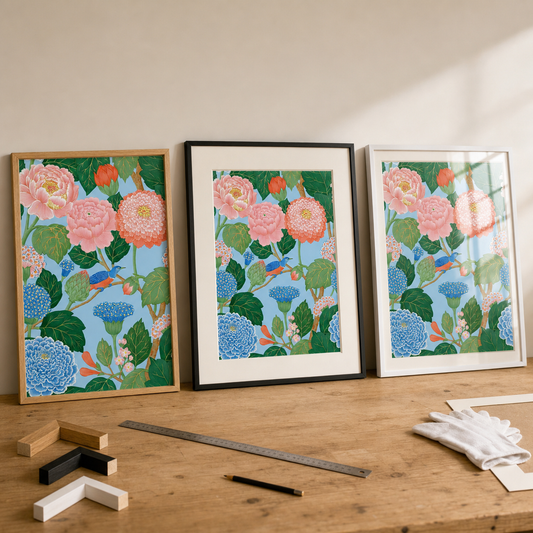 The same botanical poster shown in oak, matted black and white frames