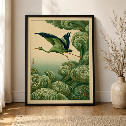Japanese ukiyo-e style crane and waves wall art print in a calm interior