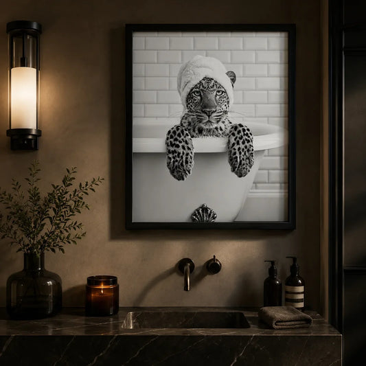 Leopard in Bathtub wall art displayed in a styled bathroom