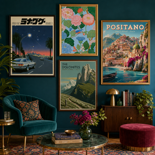 Colorful maximalist gallery wall with four coordinated framed prints