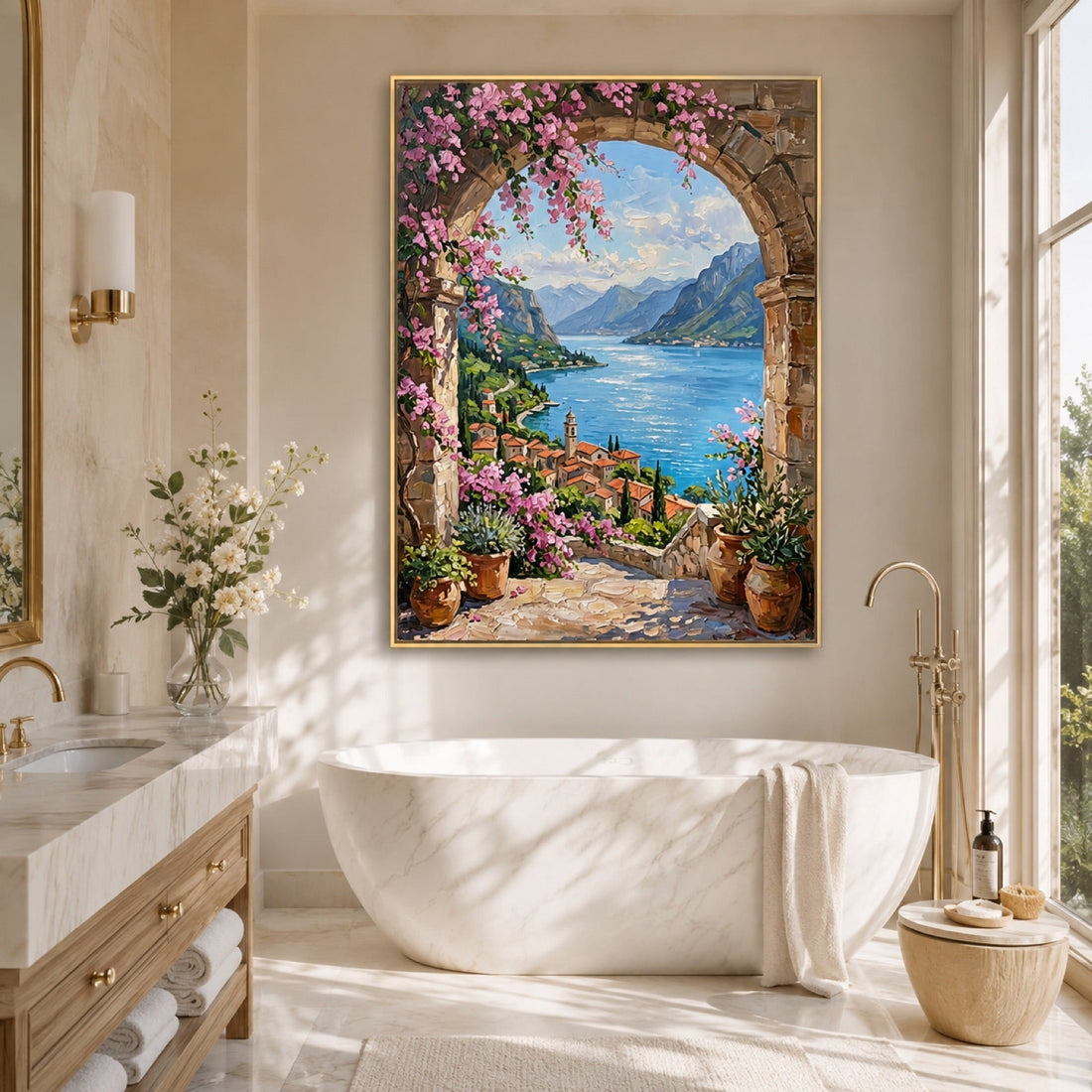 Mediterranean coast archway vista wall art in a bright small bathroom
