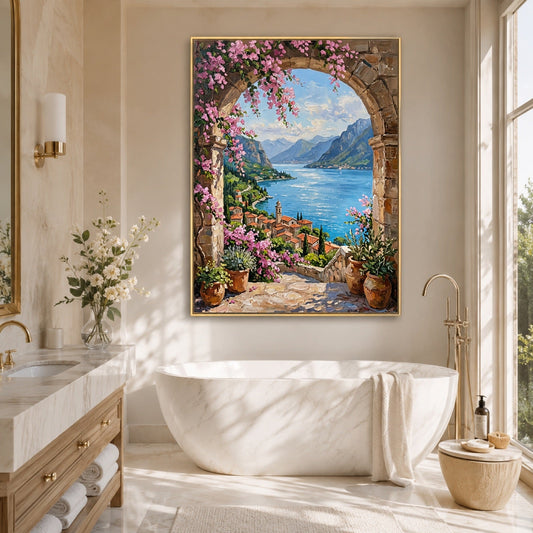 Mediterranean coast archway vista wall art in a bright small bathroom