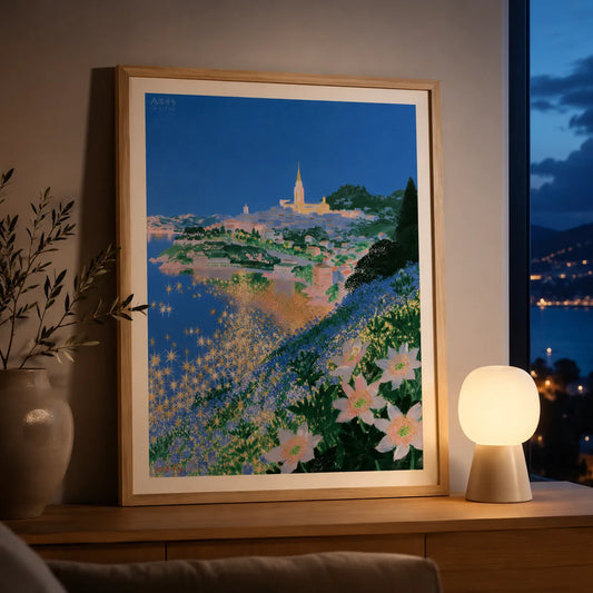 Framed wall art hung above a sofa in a living room, correctly sized and centered