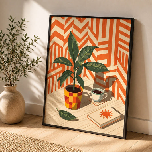 Mid-century modern plant and coffee still life wall art in a warm room