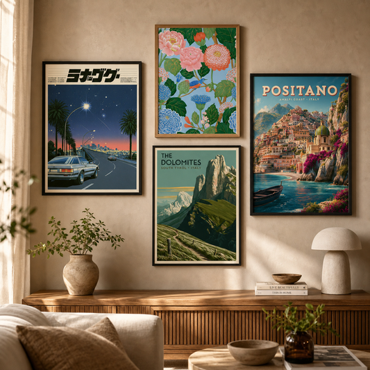 Four mixed wall art styles arranged as a cohesive gallery wall
