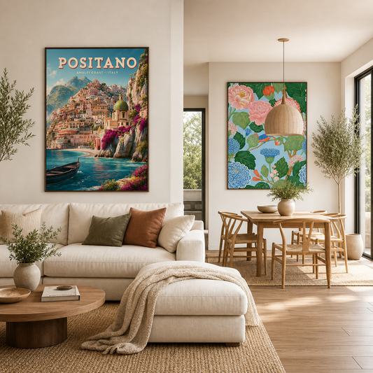 Separate framed artworks defining living and dining zones in an open-plan room