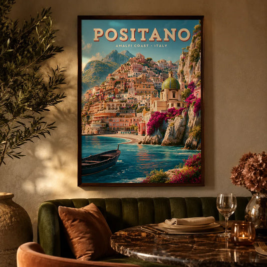 Coastal wall art poster styled in a bright room