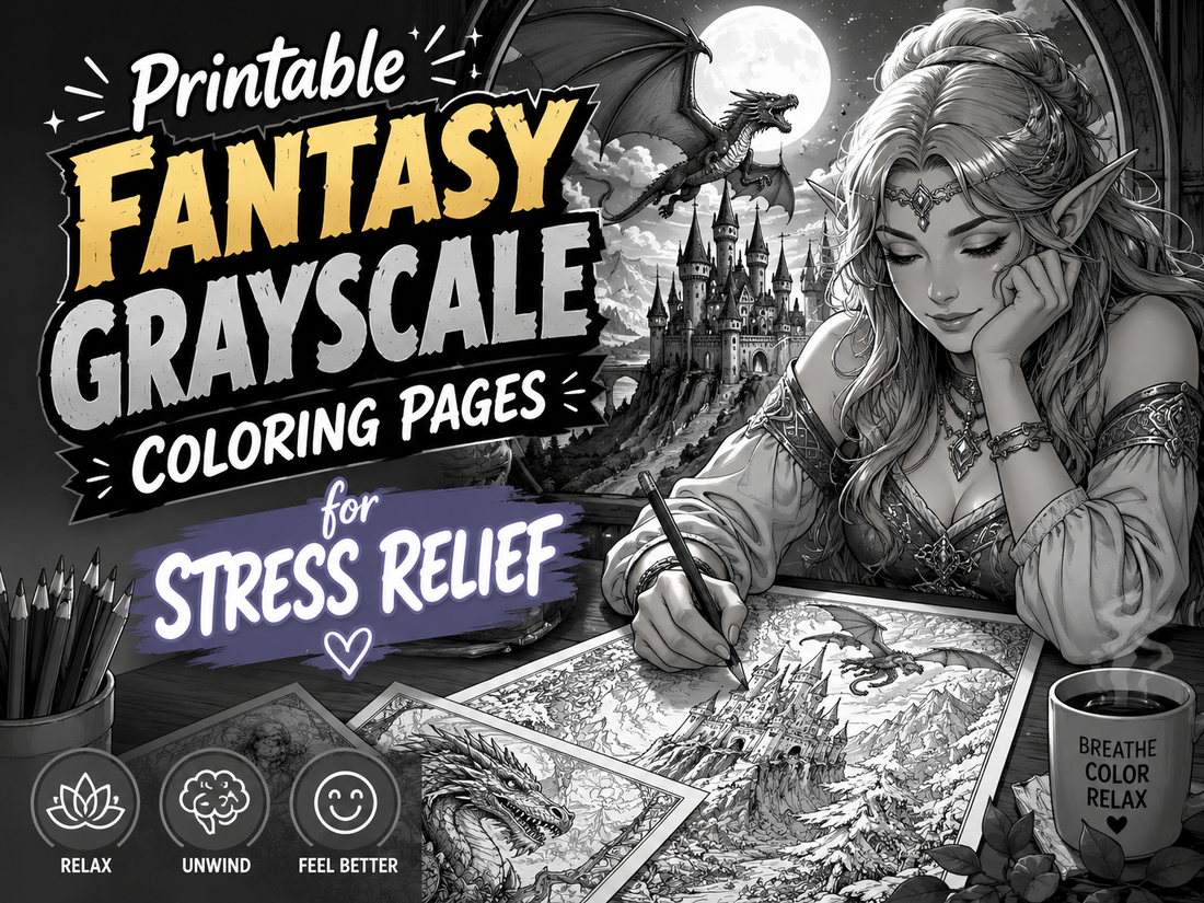 Printable Fantasy Grayscale Coloring Pages for Stress Relief