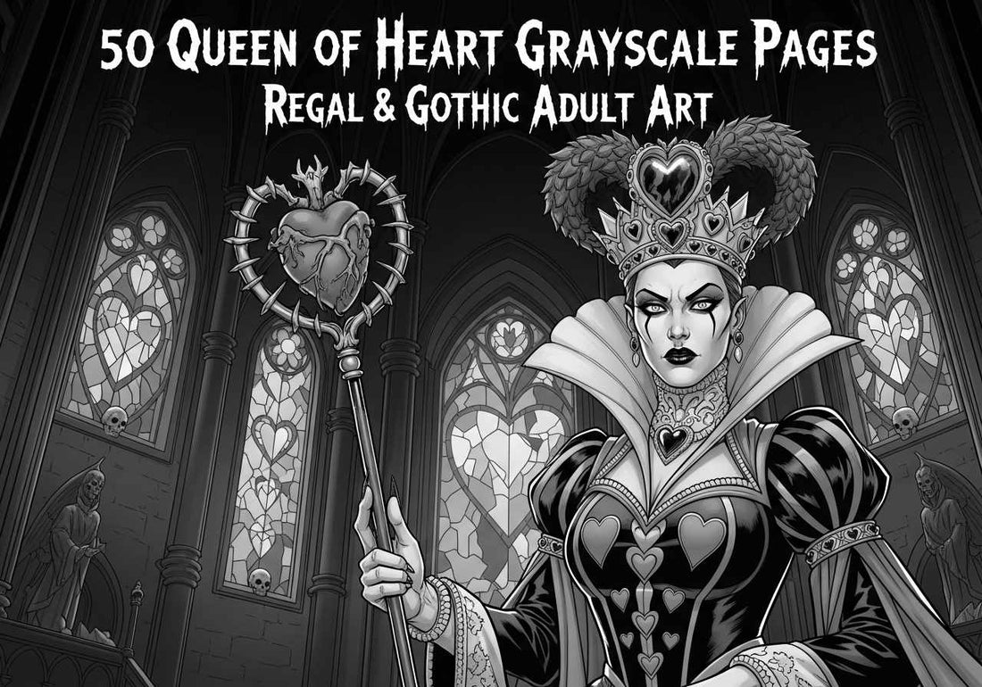 50 Queen of Heart Grayscale Pages: Regal & Gothic Adult Art