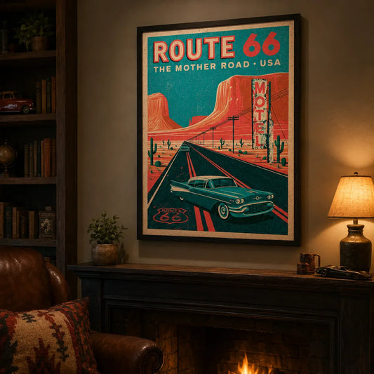 Vintage travel poster wall art styled in a room