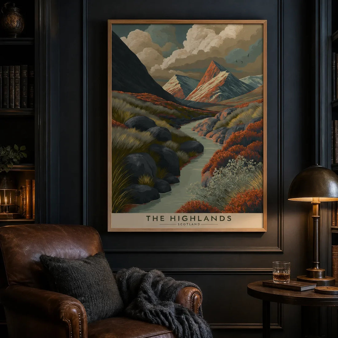 Scottish Highlands landscape wall art styled in a calm interior