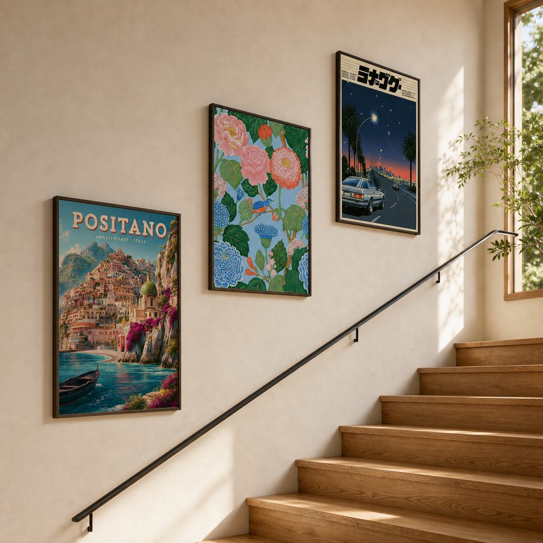 Three framed posters rising diagonally above an oak staircase
