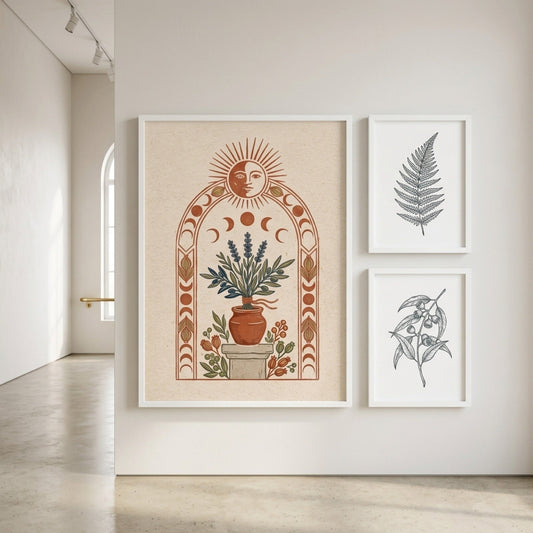 Sun and Moon Lavender Linocut Wall Art Decor