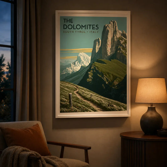 Framed travel wall art poster displayed on a wall