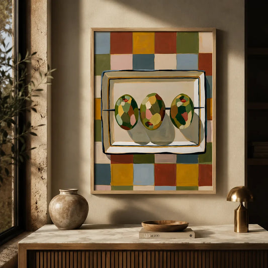 Framed wall art poster hung at eye level in a styled room