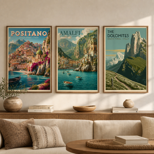 Three aligned Italian travel posters in a triptych wall art layout