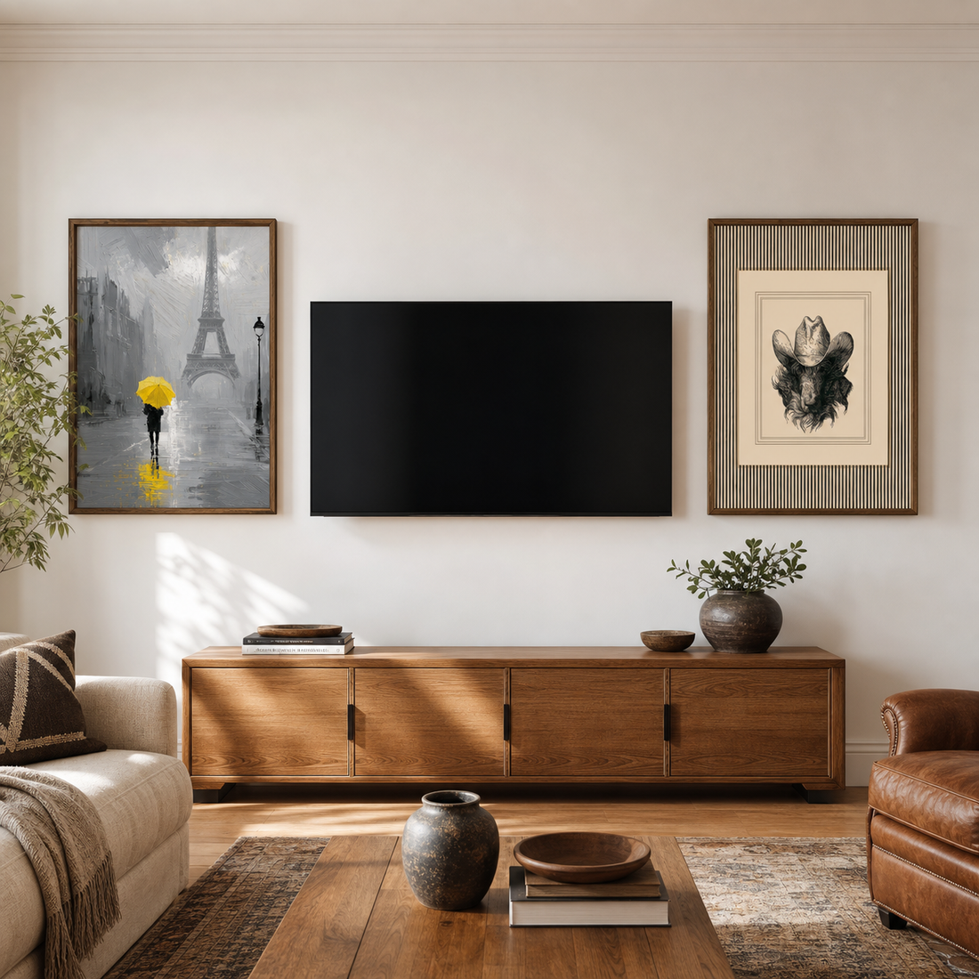 Paris Yellow Umbrella and Cowboy Bison wall art arranged around a TV