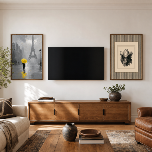 Paris Yellow Umbrella and Cowboy Bison wall art arranged around a TV