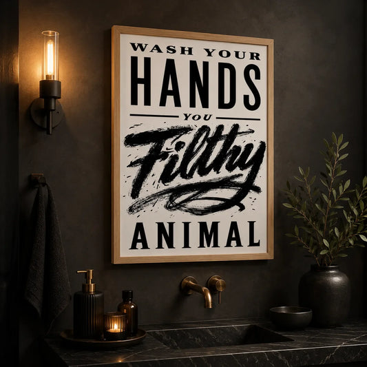 Funny bathroom wall art print hung above a sink in a styled bathroom