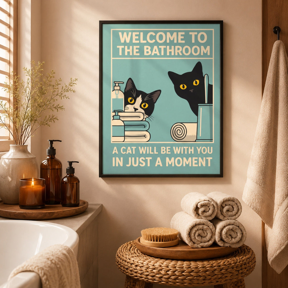 Framed cat wall art poster styled in a bathroom