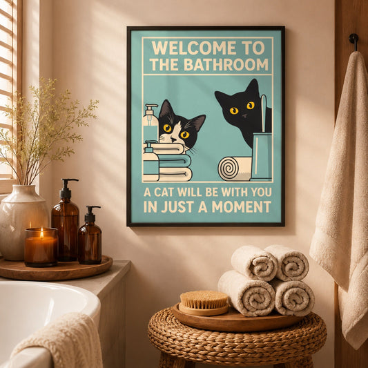 Framed cat wall art poster styled in a bathroom