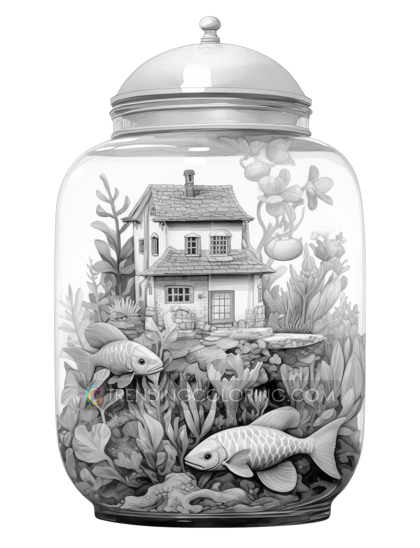 25 Fish House In Jar Grayscale Coloring Pages - Instant Download - Printable PDF Dark/Light