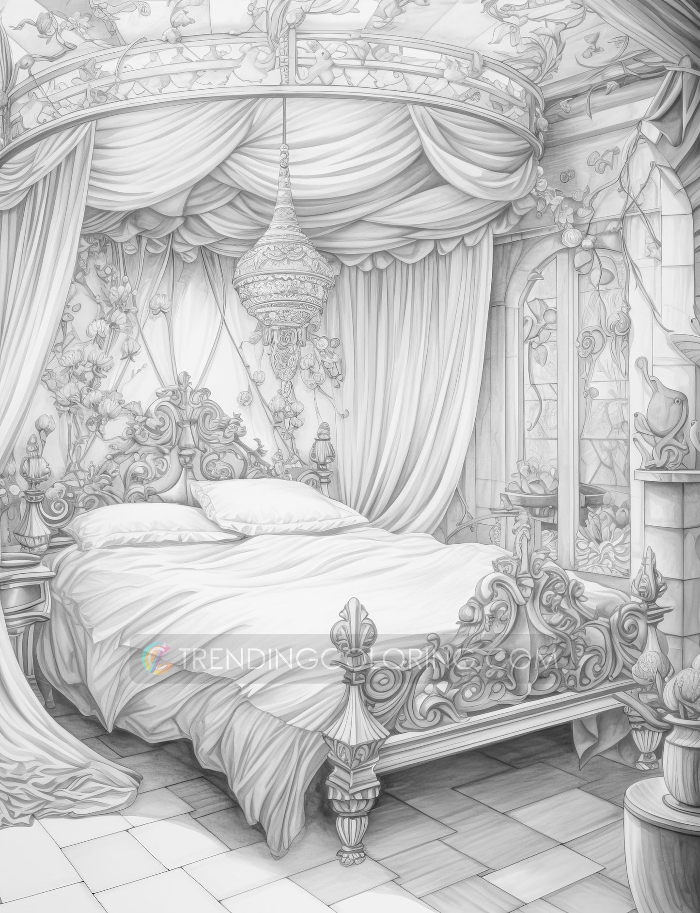 25 Princess Bed Grayscale Coloring Pages - Instant Download - Printable PDF Dark/Light