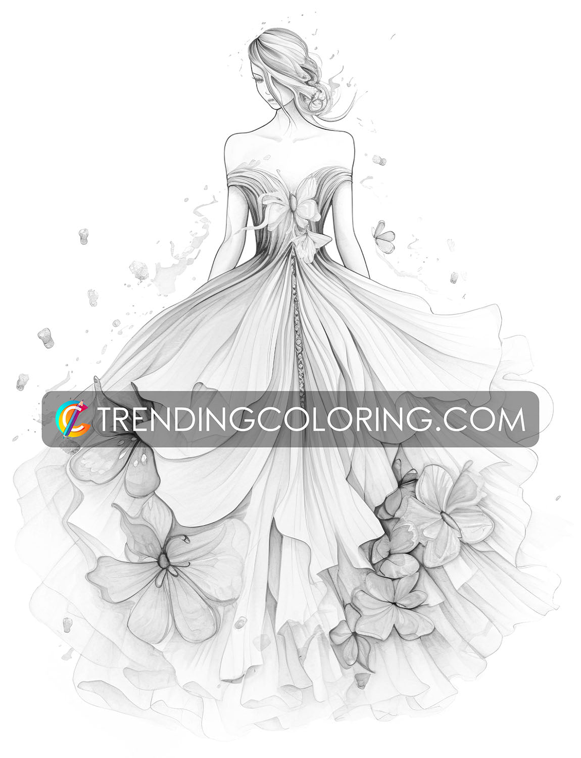 25 Floral Dress Grayscale Coloring Pages  - Instant Download - Printable PDF Dark/Light