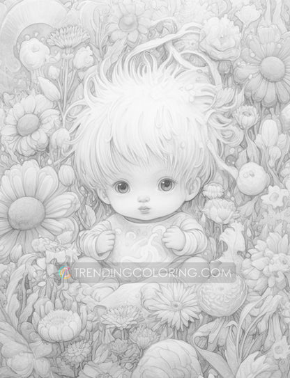 25 Adorable Flower Baby Grayscale Coloring Pages - Instant Download - Printable PDF Dark/Light