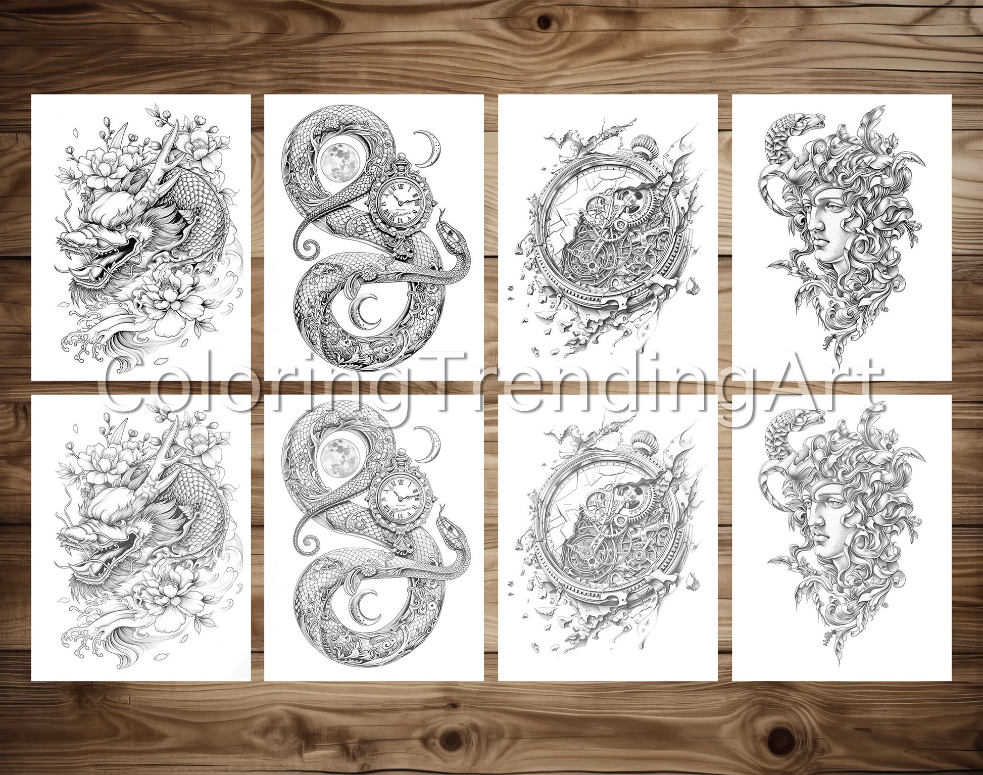 101 Tattoos Therapy 2 Grayscale Coloring Pages - Instant Download - Printable Dark/Light – preview 6