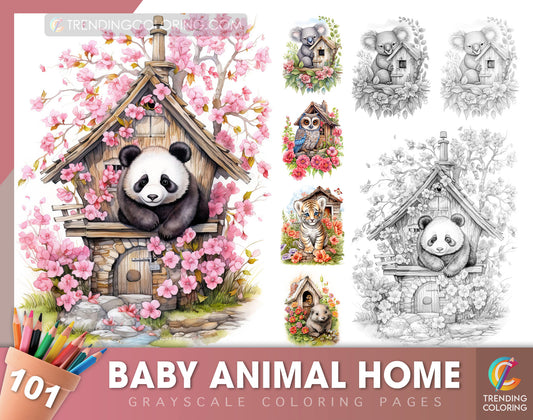 101 Baby Animal Home Grayscale Coloring Pages - Instant Download - Printable Dark/Light