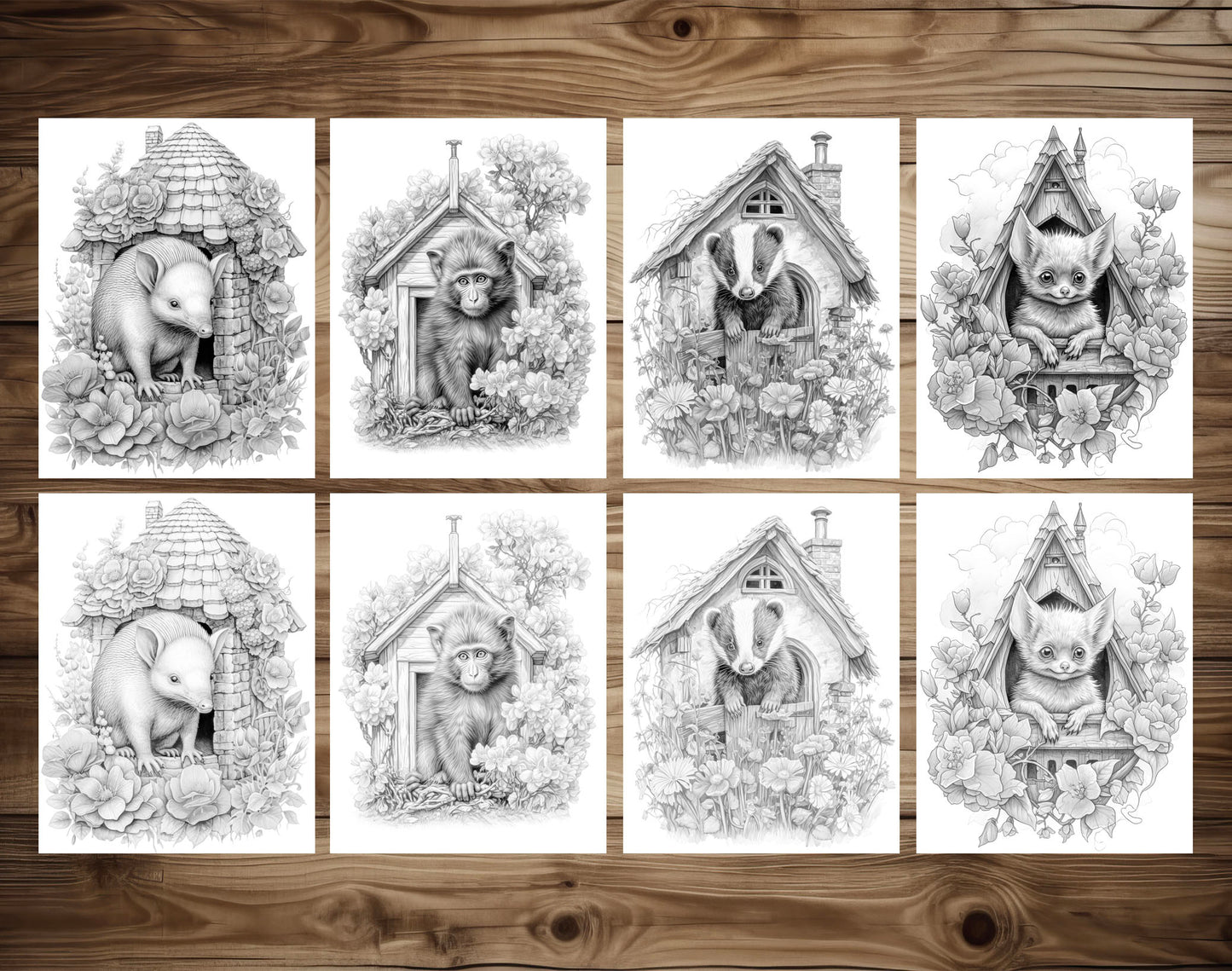 101 Baby Animal Home Grayscale Coloring Pages - Instant Download - Printable Dark/Light