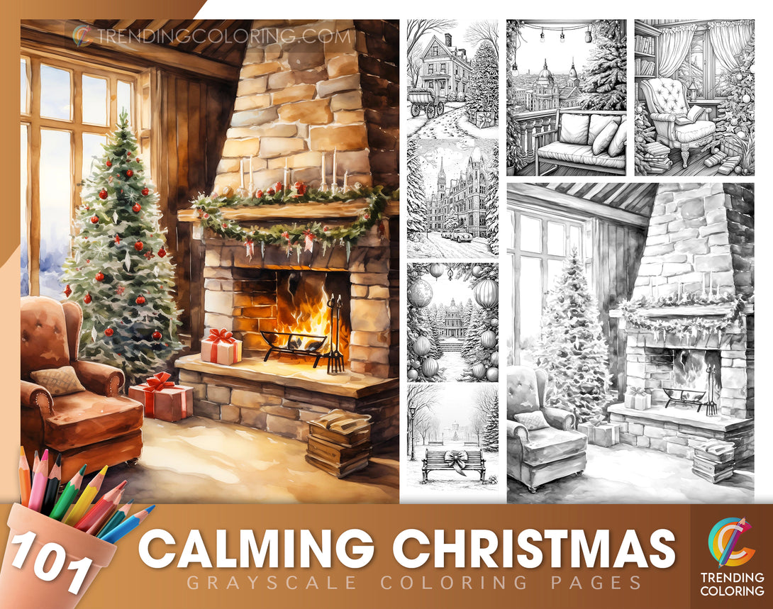101 Calming Christmas Grayscale Coloring Pages - Instant Download - Printable PDF