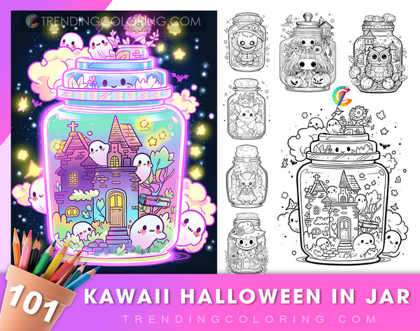 Kawaii Halloween in Jar Grayscale Coloring Pages