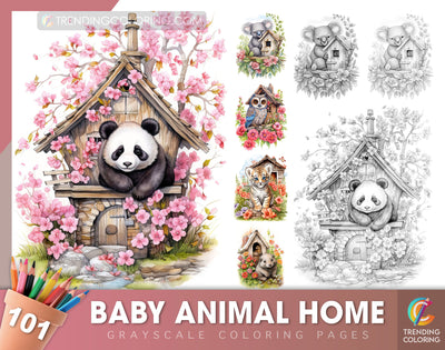 101 Baby Animal Home Grayscale Coloring Pages - Instant Download - Printable - Dark/Light