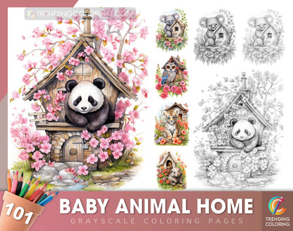 101 Baby Animal Home Grayscale Coloring Pages - Instant Download - Printable - Dark/Light