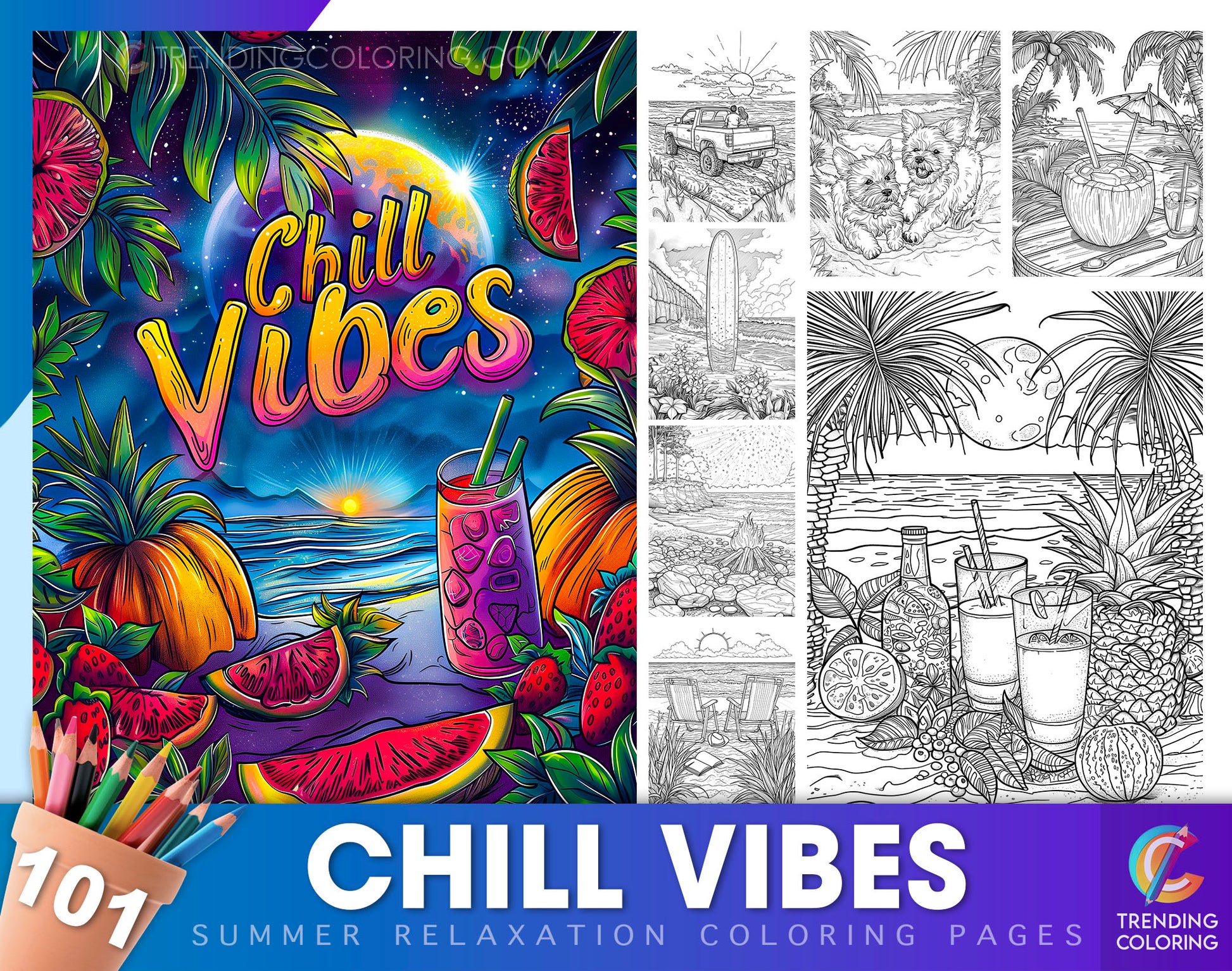 101 Chill Vibes Summer Relaxation Coloring Pages - Instant Download - Printable PDF