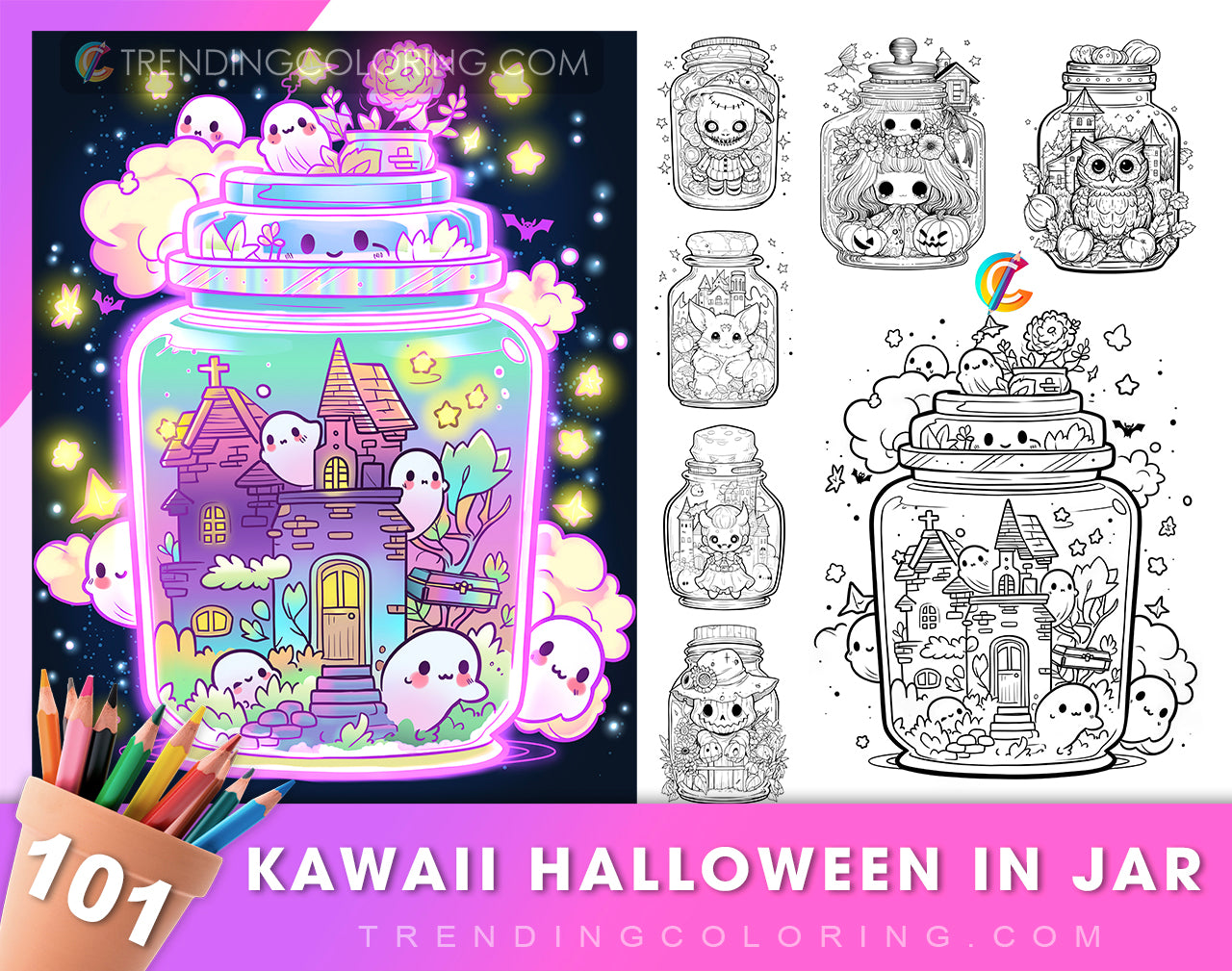 101 Kawaii Halloween in Jar Coloring Pages - Instant Download - Printable
