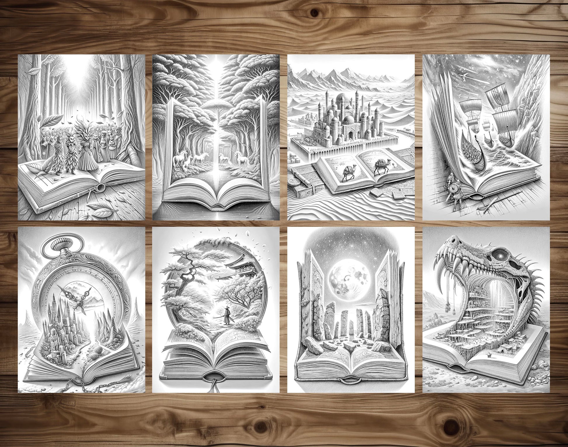 101 Open Magic Book 3 Grayscale Coloring Pages - Instant Download - Printable Dark/Light – preview 6