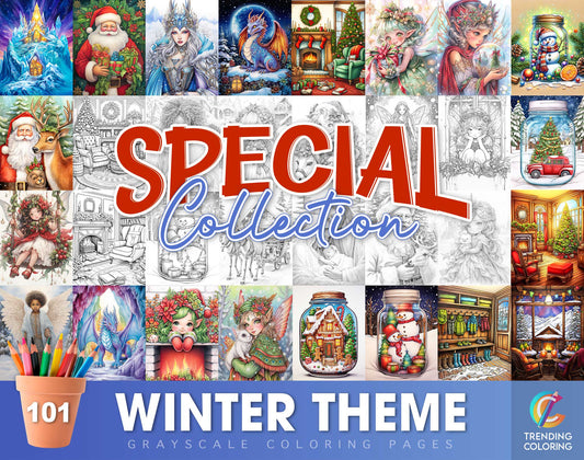 101 Winter Theme Special Collection Grayscale Coloring Pages - Instant Download - Printable PDF